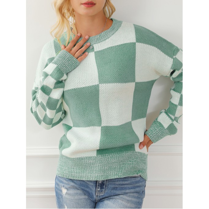 Mint Green Checkered Print Drop Shoulder Sweater