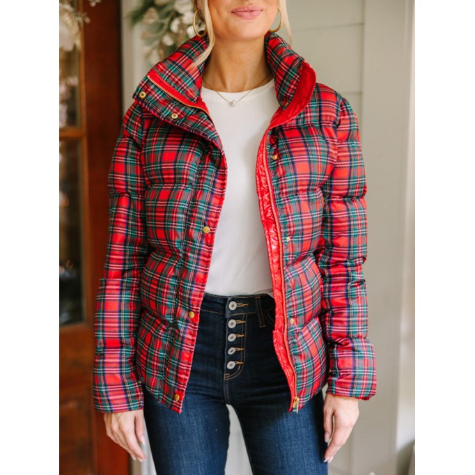 Red Tartan Plaid Puffer Jacket