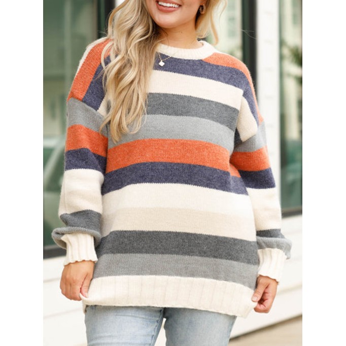 Multi color patchwork striped loose knit sweater