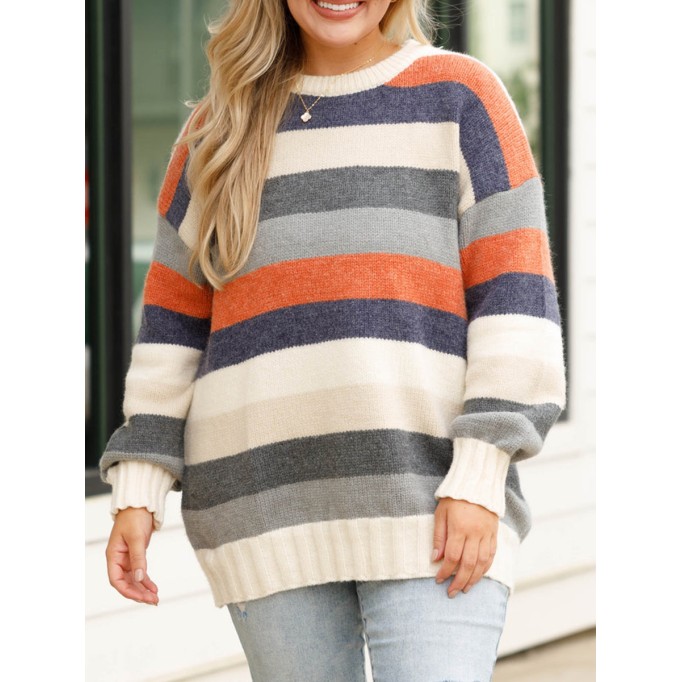 Multi color patchwork striped loose knit sweater