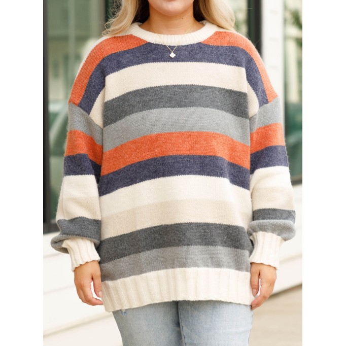 Multi color patchwork striped loose knit sweater