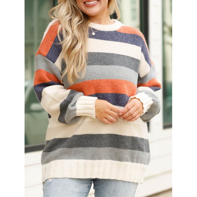Multi color patchwork striped loose knit sweater