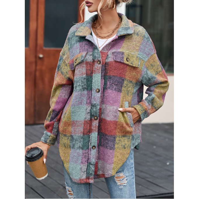 Multicolor Brushed Plaid Pocketed Oversize Shacket