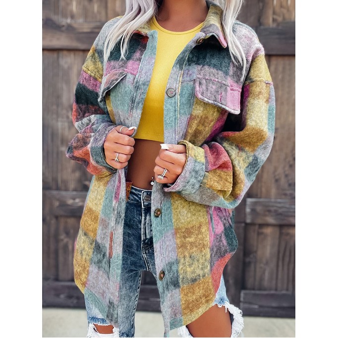 Multicolor Brushed Plaid Pocketed Oversize Shacket