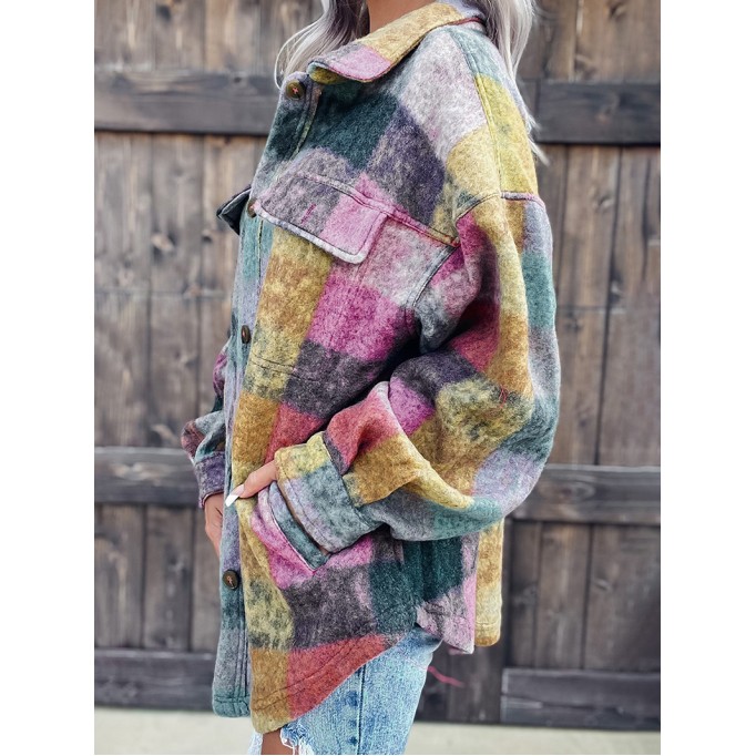 Multicolor Brushed Plaid Pocketed Oversize Shacket