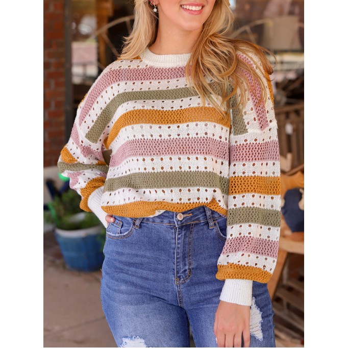 Multicolor Striped Hollowed Knitted Loose Sweater