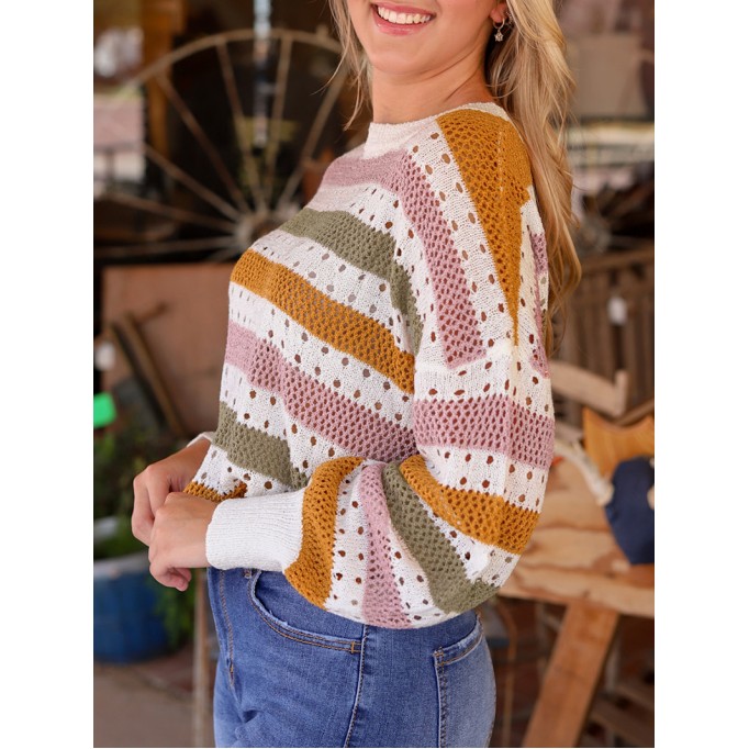 Multicolor Striped Hollowed Knitted Loose Sweater