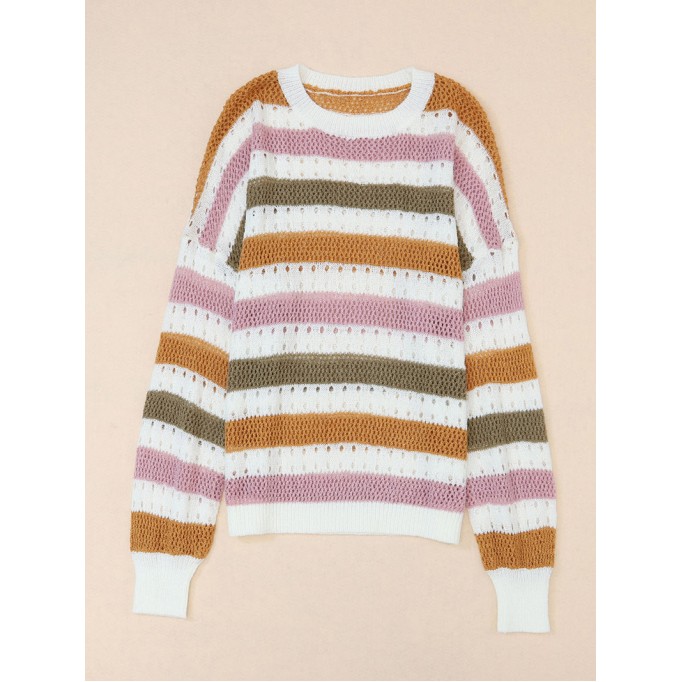 Multicolor Striped Hollowed Knitted Loose Sweater