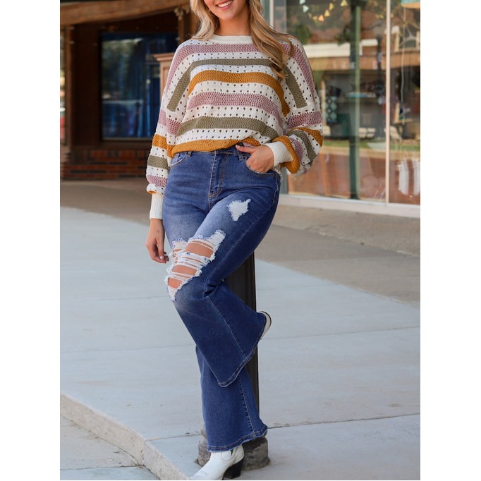 Multicolor Striped Hollowed Knitted Loose Sweater