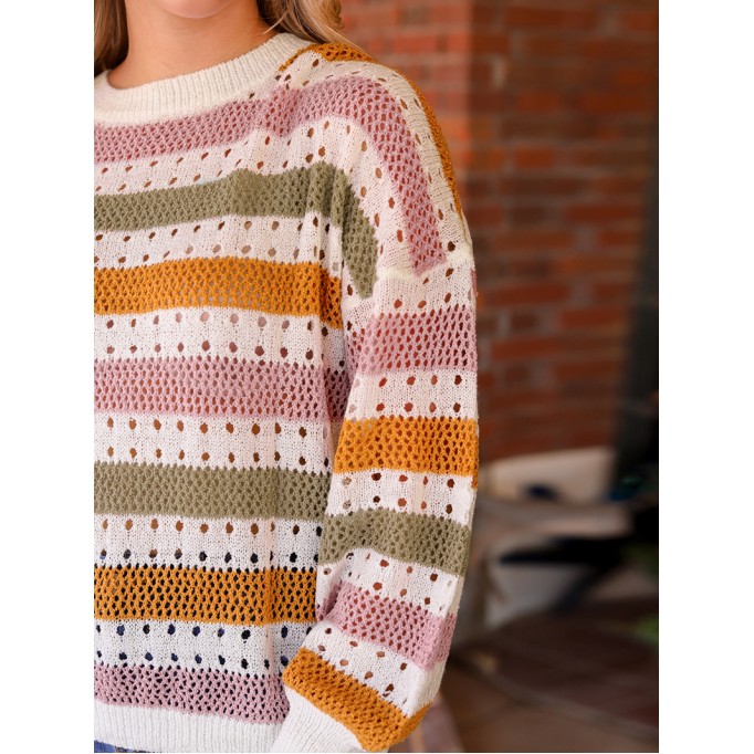 Multicolor Striped Hollowed Knitted Loose Sweater
