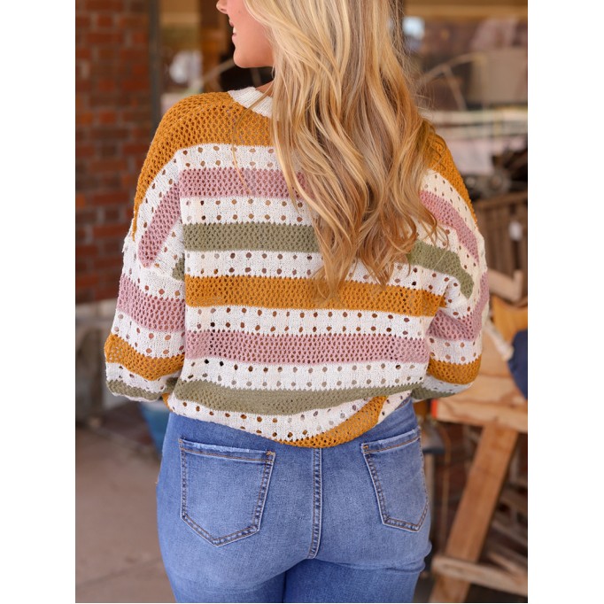 Multicolor Striped Hollowed Knitted Loose Sweater