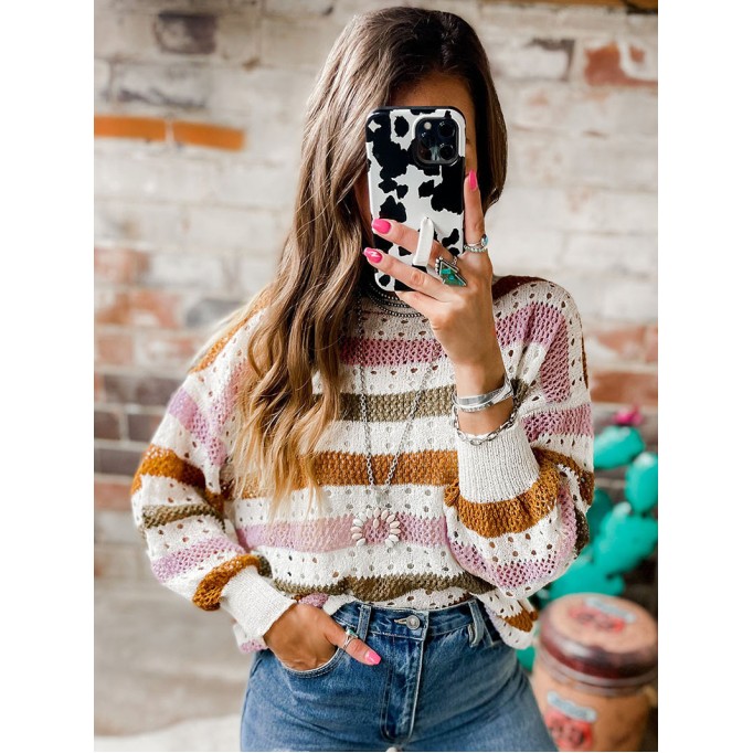 Multicolor Striped Hollowed Knitted Loose Sweater