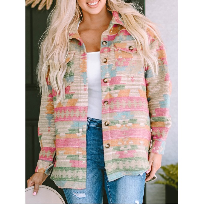 Multicolor Western Aztec Print Button Flap Pocket Shacket