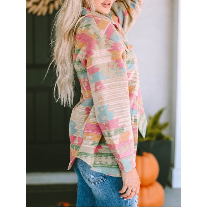Multicolor Western Aztec Print Button Flap Pocket Shacket