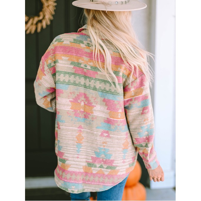 Multicolor Western Aztec Print Button Flap Pocket Shacket