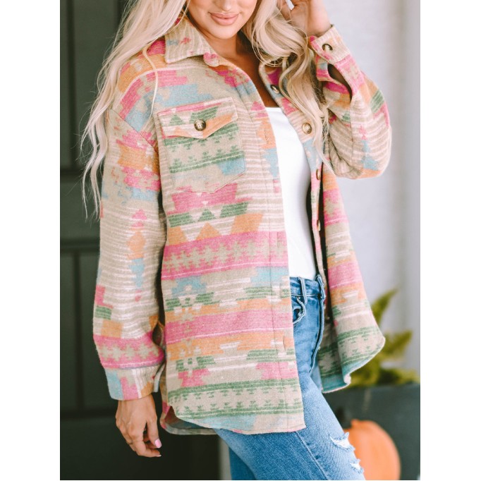 Multicolor Western Aztec Print Button Flap Pocket Shacket