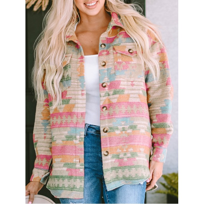Multicolor Western Aztec Print Button Flap Pocket Shacket