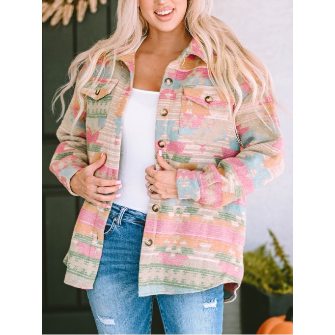 Multicolor Western Aztec Print Button Flap Pocket Shacket