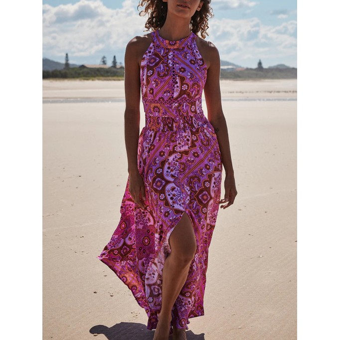 Neckline geometric print split dress