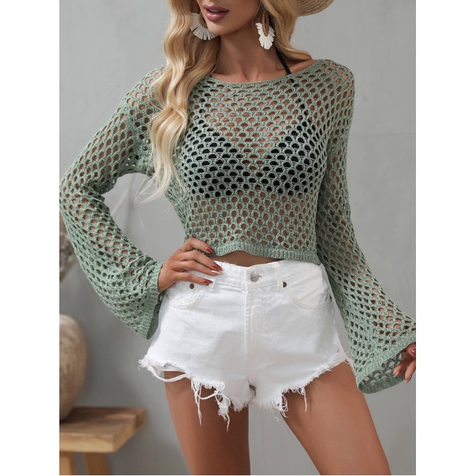 Openwork Flare Sleeve Cropped Cover Up