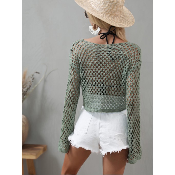 Openwork Flare Sleeve Cropped Cover Up