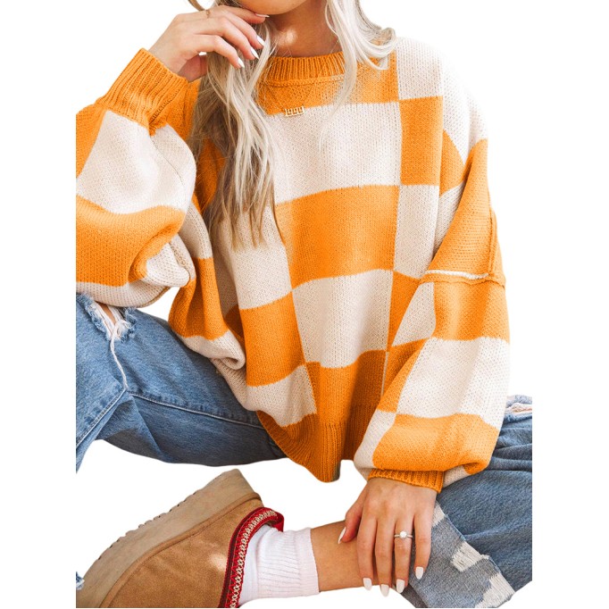 Orange Checkered Bishop Sleeve Sweater