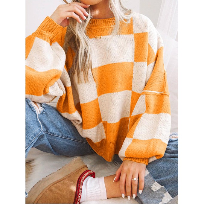 Orange Checkered Bishop Sleeve Sweater