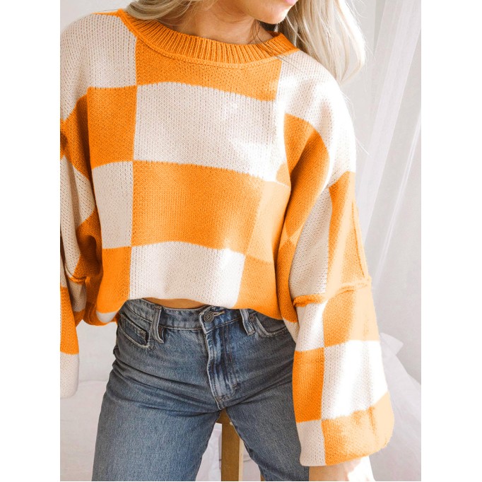 Orange Checkered Bishop Sleeve Sweater