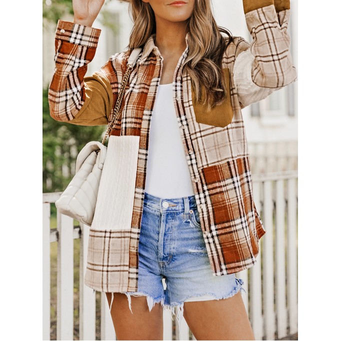 Orange Plaid Color Block Patchwork Shirt Jacket with Pocket