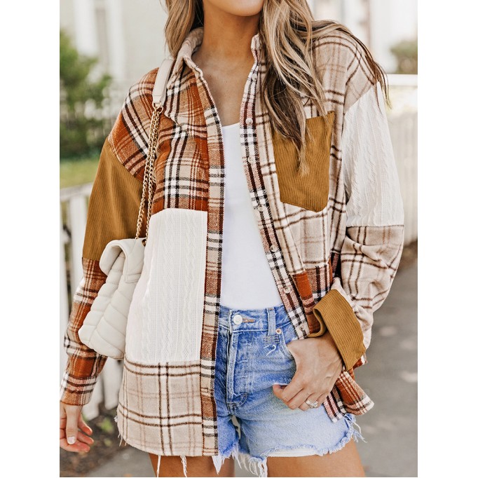 Orange Plaid Color Block Patchwork Shirt Jacket with Pocket