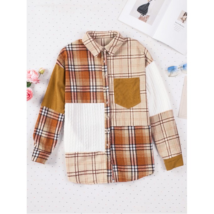 Orange Plaid Color Block Patchwork Shirt Jacket with Pocket