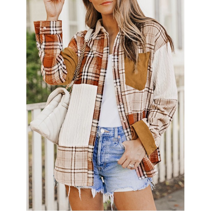 Orange Plaid Color Block Patchwork Shirt Jacket with Pocket