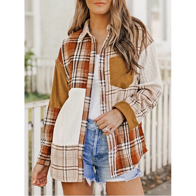 Orange Plaid Color Block Patchwork Shirt Jacket with Pocket