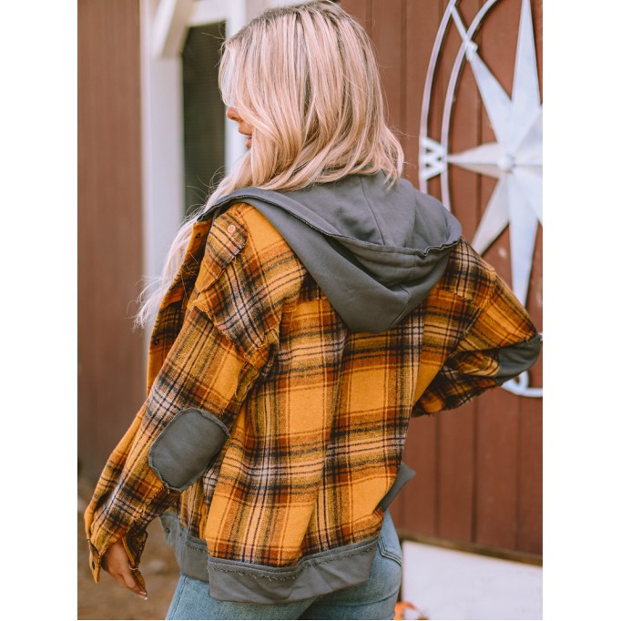 Orange Plaid Patch Hooded Frayed Snap Button Jacket