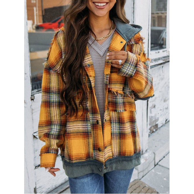 Orange Plaid Patch Hooded Frayed Snap Button Jacket