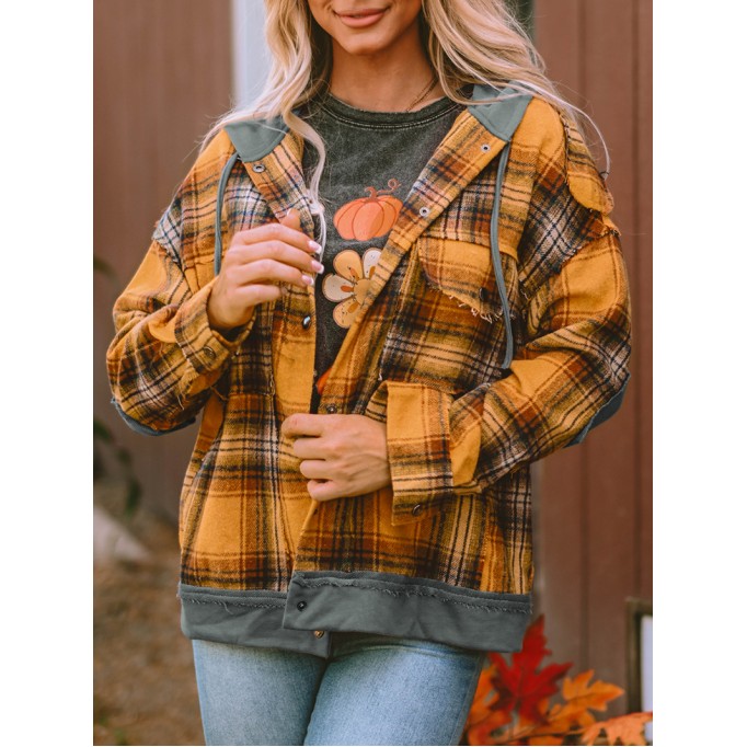 Orange Plaid Patch Hooded Frayed Snap Button Jacket