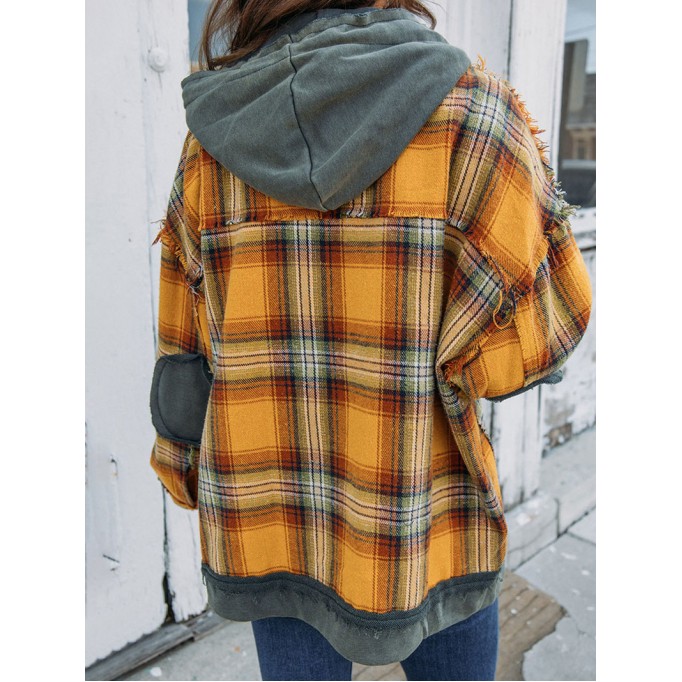 Orange Plaid Patch Hooded Frayed Snap Button Jacket