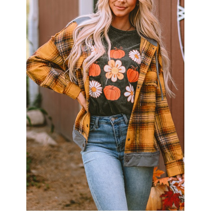 Orange Plaid Patch Hooded Frayed Snap Button Jacket