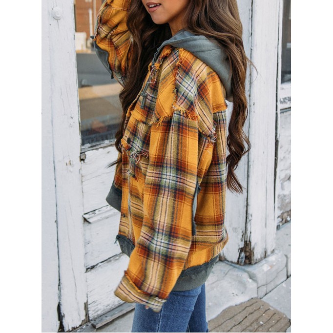 Orange Plaid Patch Hooded Frayed Snap Button Jacket