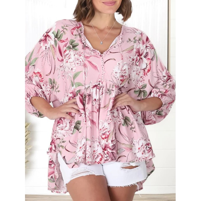 Pink Bohemian V-neck printed shirt