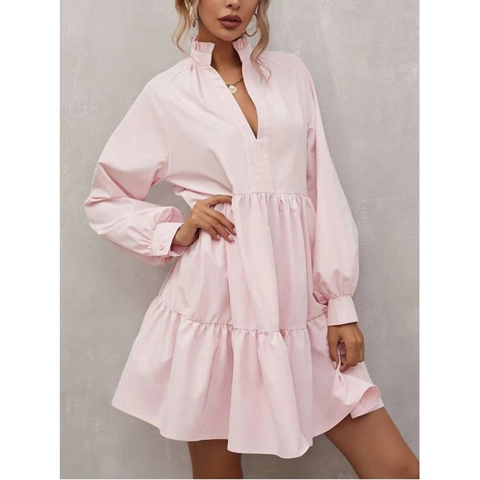 Pink Frilled Stand Collar Long Sleeve Ruffle Dress