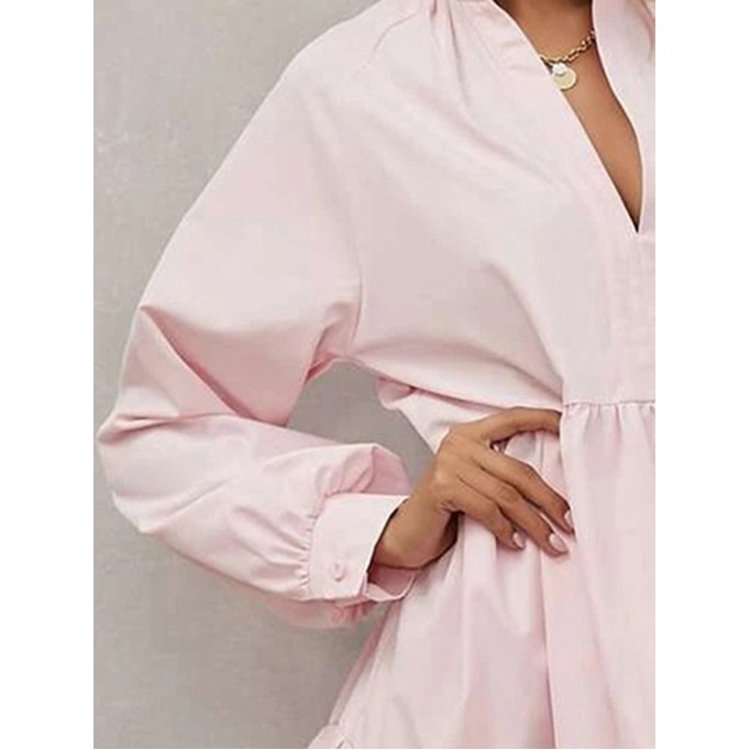 Pink Frilled Stand Collar Long Sleeve Ruffle Dress