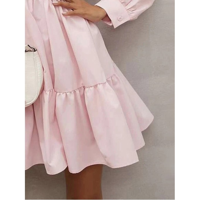 Pink Frilled Stand Collar Long Sleeve Ruffle Dress