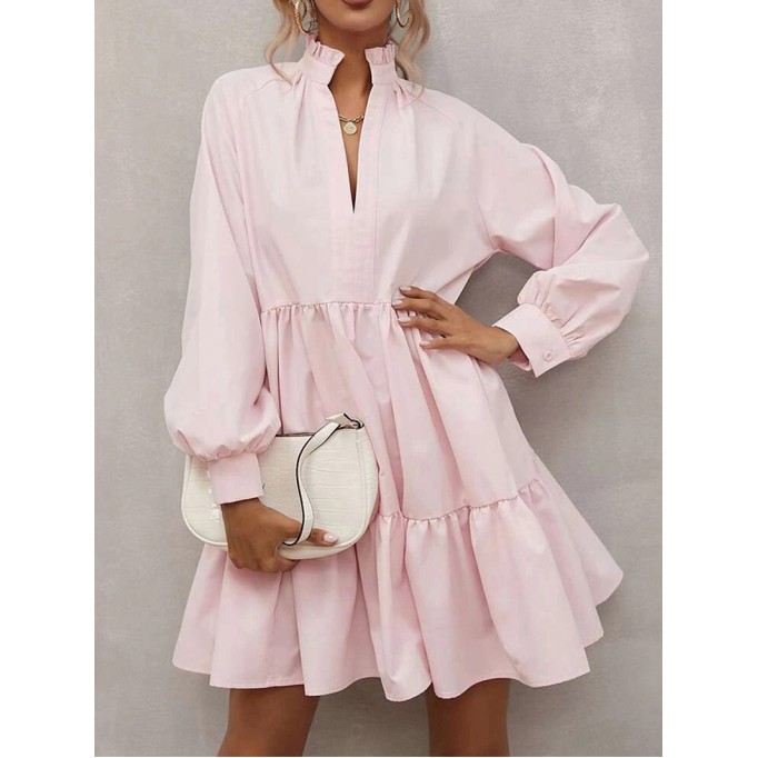 Pink Frilled Stand Collar Long Sleeve Ruffle Dress