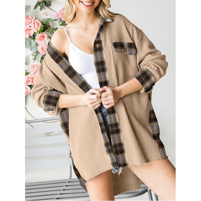 Plaid Patchwork Waffle Thermal Knit Shacket