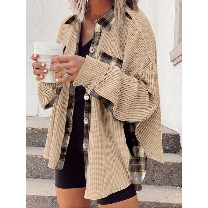 Plaid Patchwork Waffle Thermal Knit Shacket