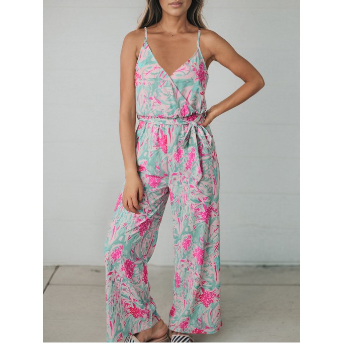 Plant printed suspender jumpsuit