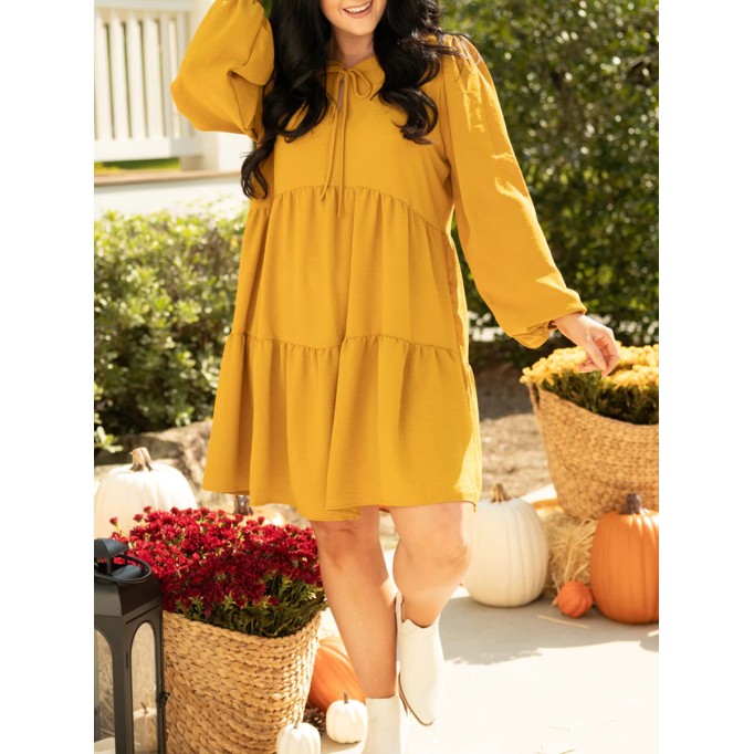 Pleated lace up lantern sleeve loose fitting dress