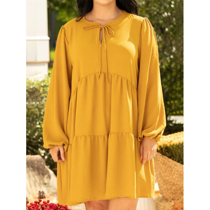 Pleated lace up lantern sleeve loose fitting dress