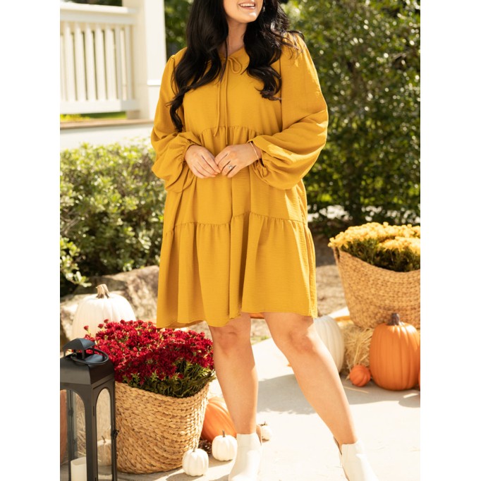 Pleated lace up lantern sleeve loose fitting dress